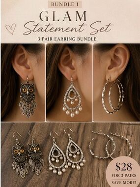 3 Pair Glam Earring Bundle | Statement & Pearl & Hoop Set | Boutique Jewelry